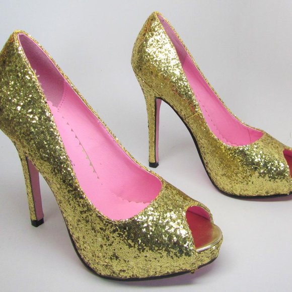 Leg Avenue Size 6 Gold Pumps Center Stage Bling Stiletto Heel Platform Glitter - Picture 2 of 9